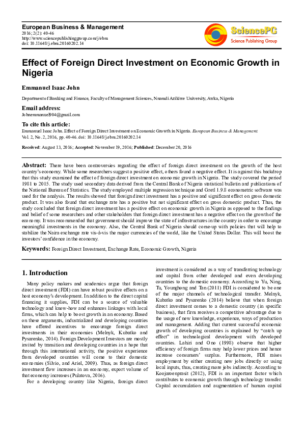 (PDF) Effect of Foreign Direct Investment on Economic Growth in Nigeria