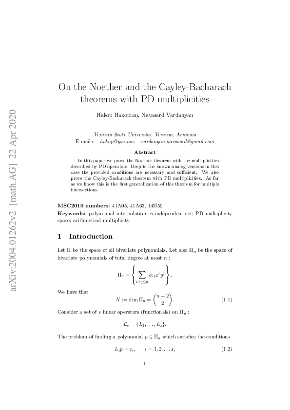 (PDF) On the Noether and the CayleyBacharach Theorems with PD