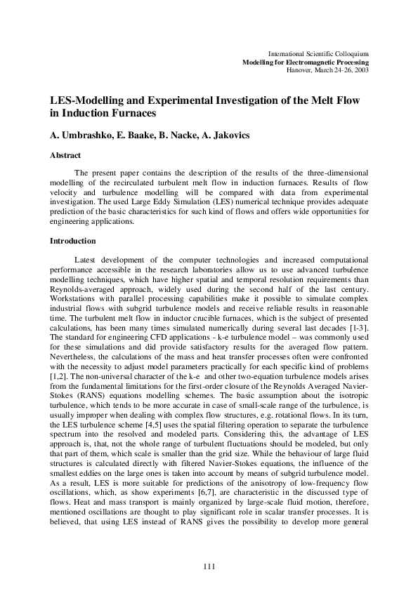 (PDF) LES-Modelling and Experimental Investigation of the Melt Flow in ...