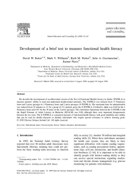 (PDF) Development of a brief test to measure functional health literacy