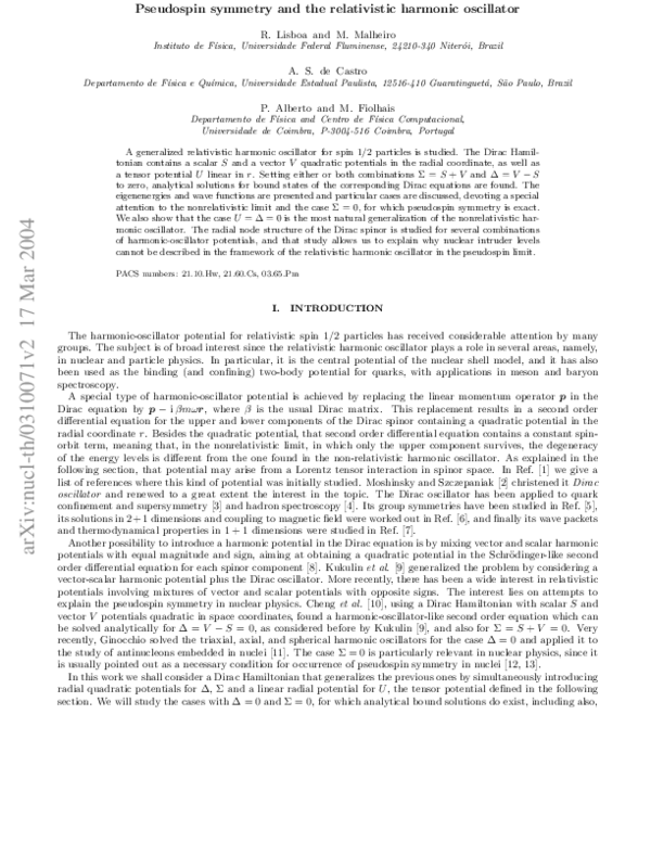 (PDF) Pseudospin symmetry and the relativistic harmonic oscillator