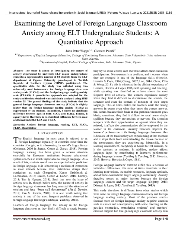 (PDF) Examining the Level of Foreign Language Classroom Anxiety among ...