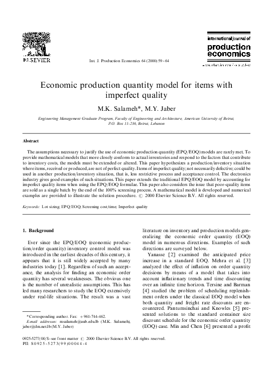(PDF) Economic production quantity model for items with imperfect quality