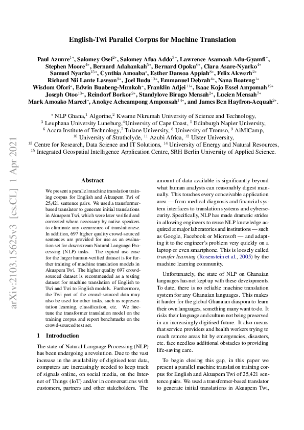 (PDF) English-Twi Parallel Corpus for Machine Translation