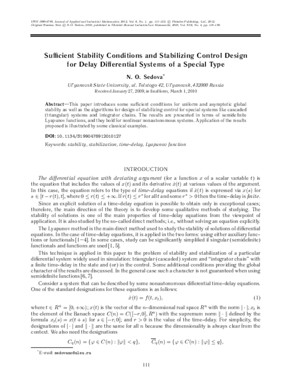 (PDF) Sufficient stability conditions and stabilizing control design ...