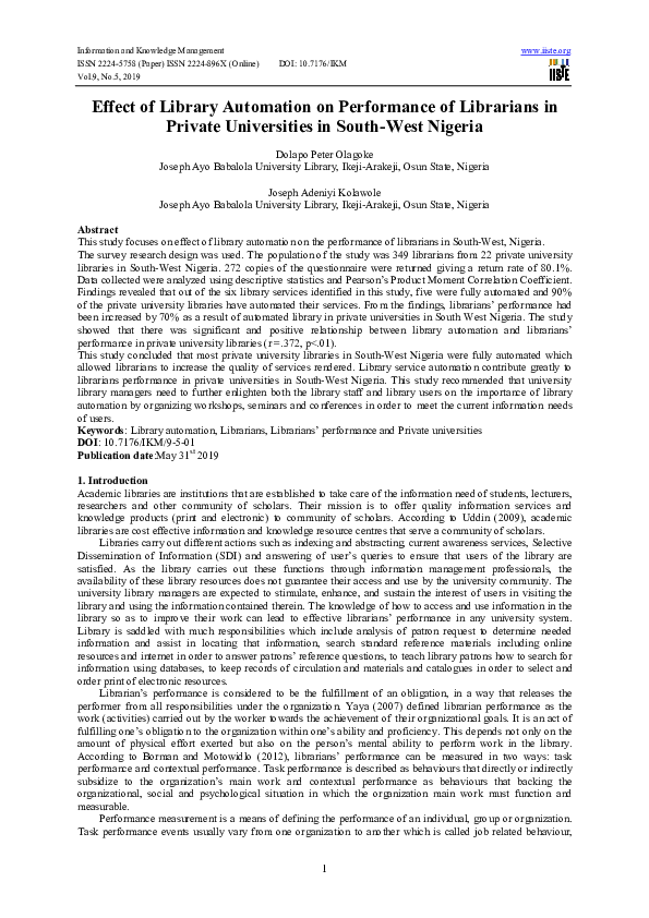 (PDF) Effect of Library Automation on Performance of Librarians in ...