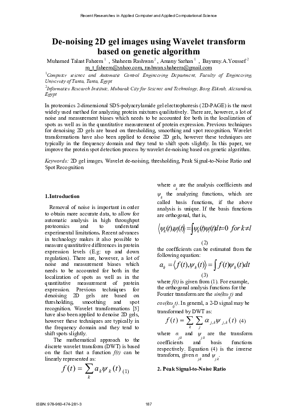 (PDF) De-noising 2D gel images using wavelet transform based on genetic ...