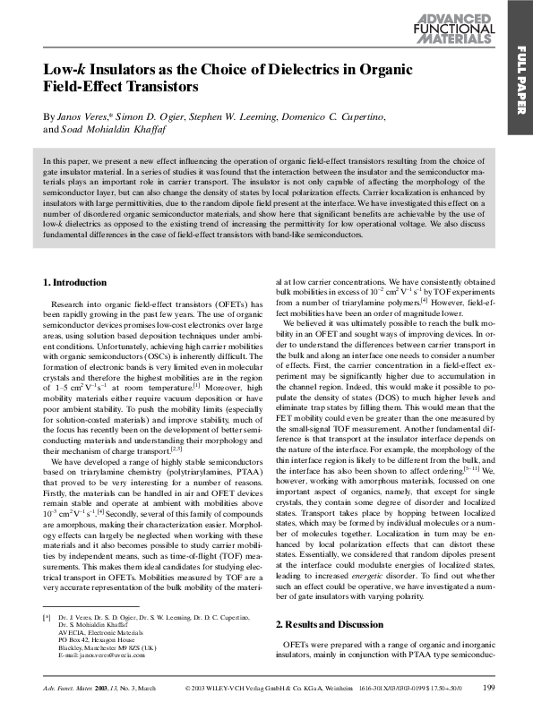 (PDF) Low‐k Insulators as the Choice of Dielectrics in Organic Field ...