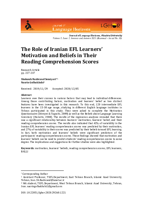 (PDF) The Role of Iranian EFL Learners' Motivation and Beliefs in Their ...