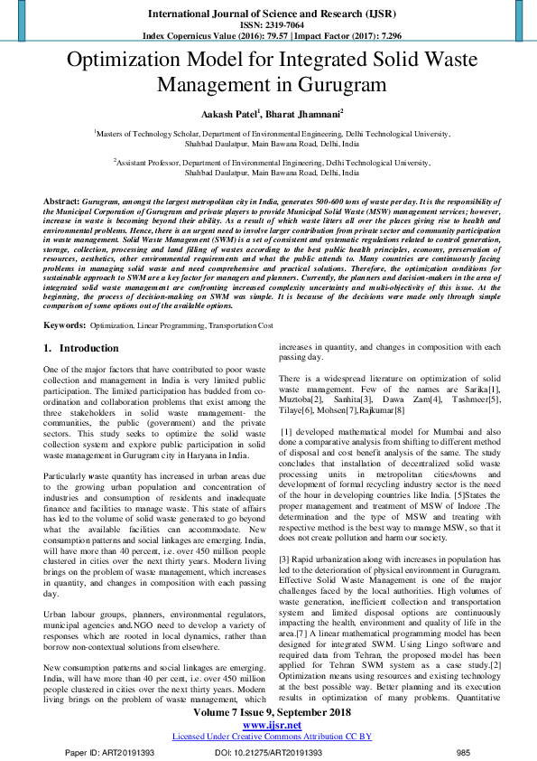 (PDF) Optimization Model for Integrated Solid Waste Management in Gurugram