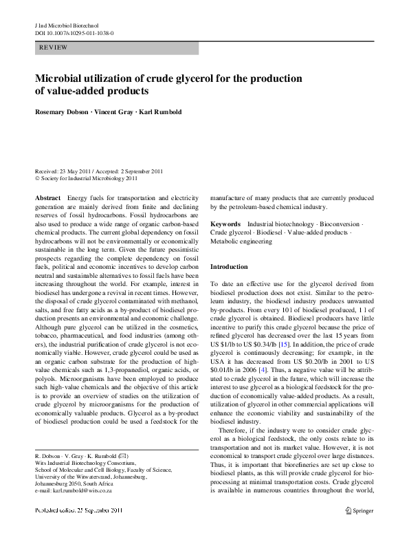 (PDF) Microbial utilization of crude glycerol for the production of ...