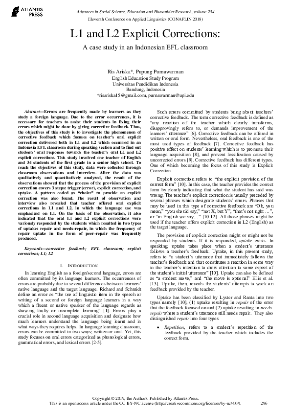 (PDF) L1 and L2 Explicit Corrections: A case study in an Indonesian EFL ...