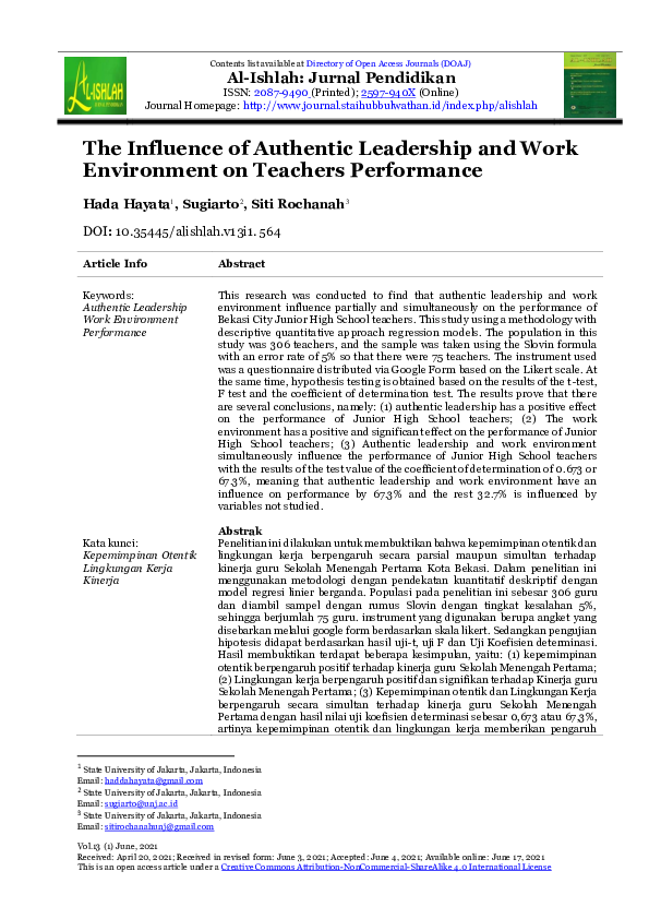 (PDF) The Influence of Authentic Leadership and Work Environment on ...