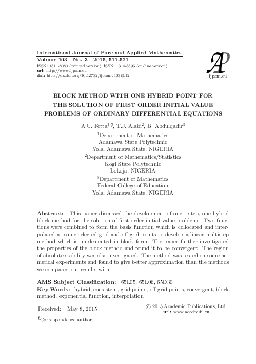 (PDF) Block Method with One Hybrid Point for the Solution of First ...