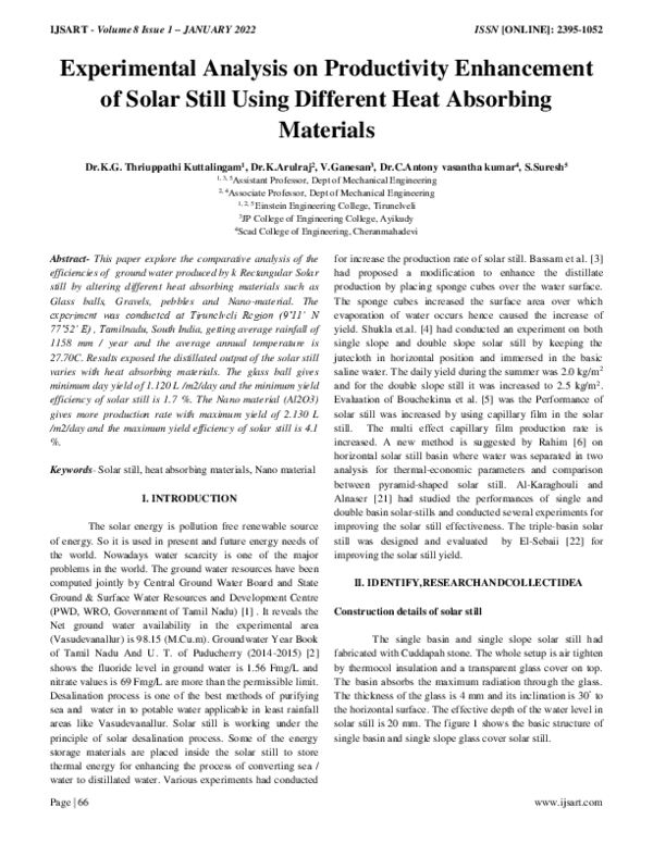 (PDF) Experimental Analysis on Productivity Enhancement of Solar Still ...
