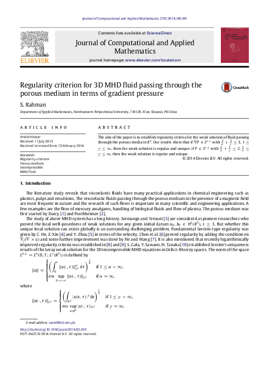 (PDF) Regularity criterion for 3D MHD fluid passing through the porous ...