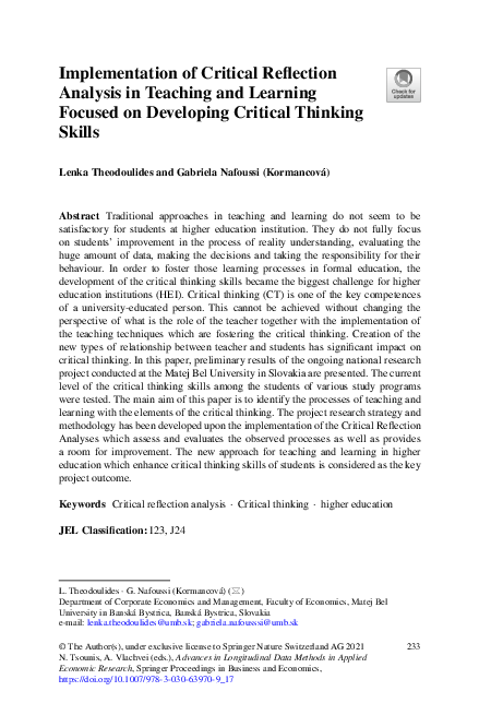 (PDF) Implementation of Critical Reflection Analysis in Teaching and ...