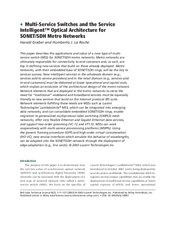 (PDF) Multi‐service switches and the Service Intelligent™ optical ...