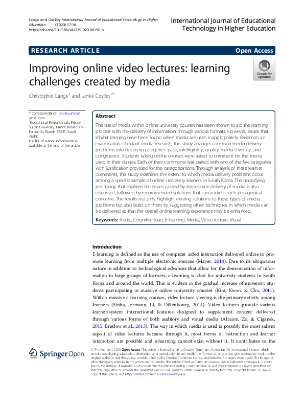 (PDF) Improving online video lectures: learning challenges created by media