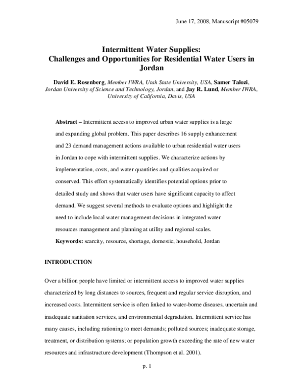 (PDF) Intermittent water supplies: challenges and opportunities for ...