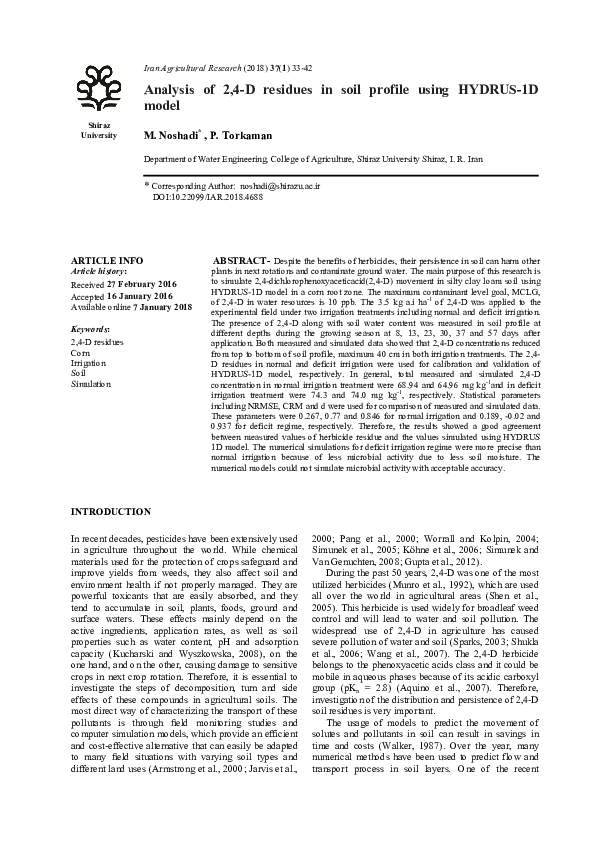 (PDF) Analysis of 2,4-D residues in soil profile using HYDRUS-1D model