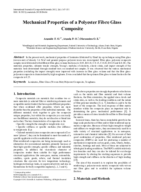 (PDF) Mechanical Properties of a Polyester Fibre Glass Composite
