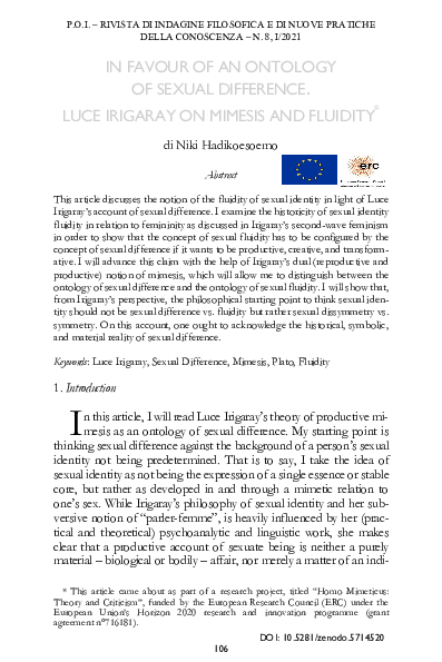 Cover page of a PDF discussing Luce Irigaray's ontology of sexual difference