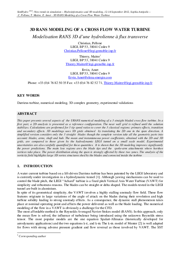 (PDF) 3D RANS modeling of a cross flow water turbine
