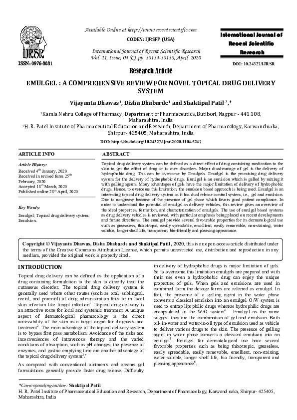 (PDF) Emulgel : A Comprehensive Review for Novel Topical Drug Delivery ...