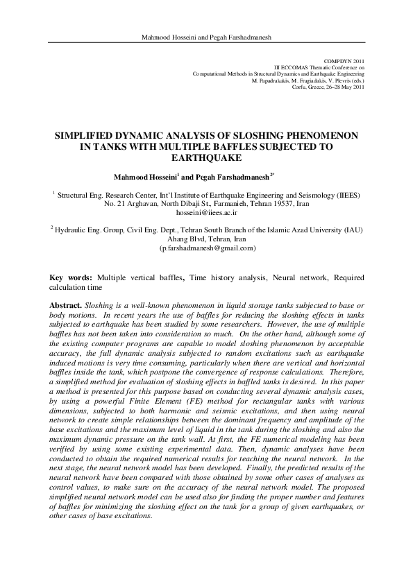 (PDF) Simplified Dynamic Analysis of Sloshing Phenomenon in Tanks with ...
