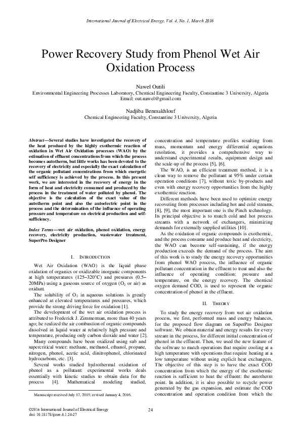 Pdf Power Recovery Study From Phenol Wet Air Oxidation Process