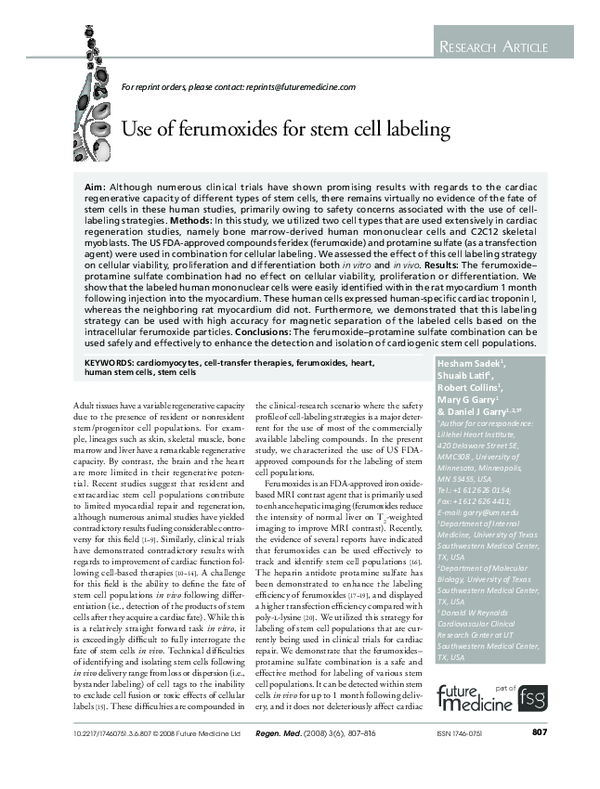 (PDF) Use of ferumoxides for stem cell labeling | Daniel Garry ...