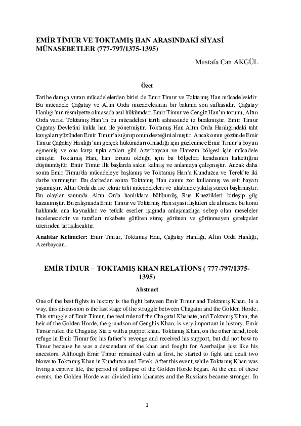 (PDF) Mustafa Akgül Timur Toktamış İlişkileri