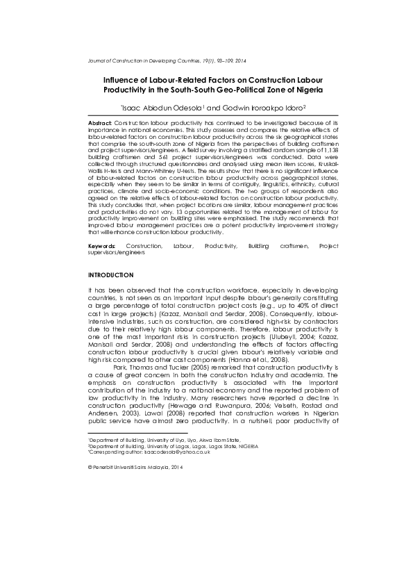 (PDF) Influence of Labour-Related Factors on Construction Labour ...