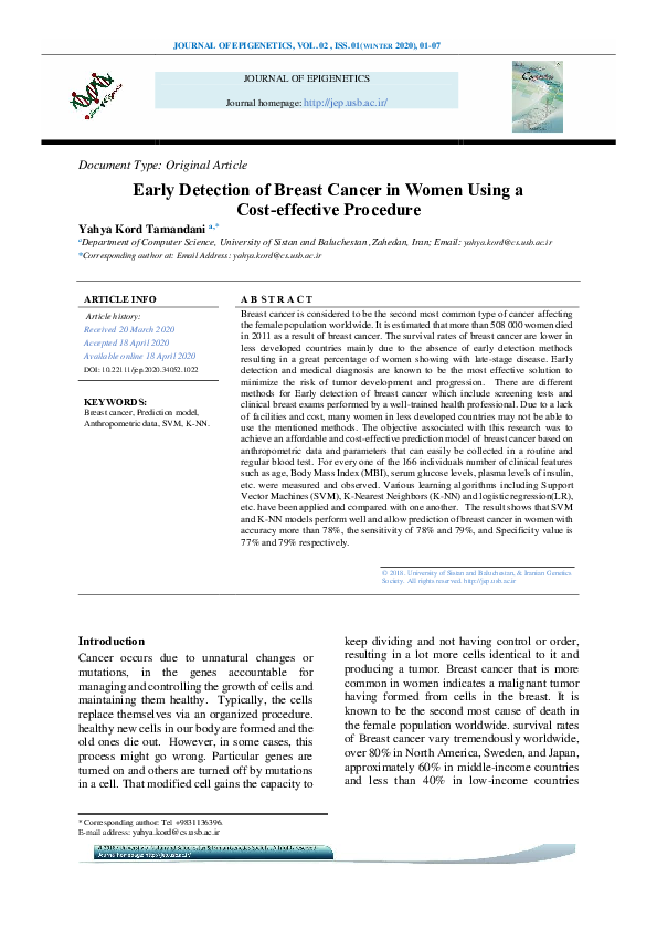 (PDF) Early Detection of Breast Cancer in Women Using a Cost-effective ...