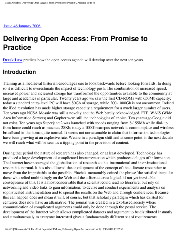 (PDF) Delivering Open Access: From Promise to Practice