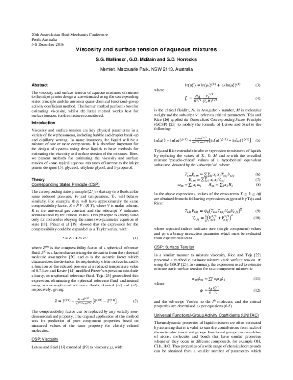 (PDF) Viscosity and surface tension of aqueous mixtures