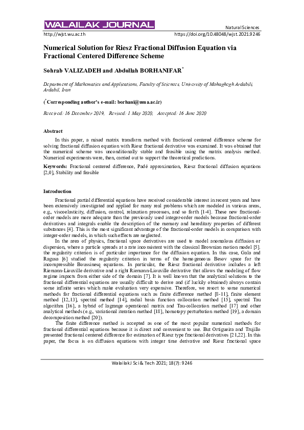 (PDF) Numerical Solution for Riesz Fractional Diffusion Equation via ...