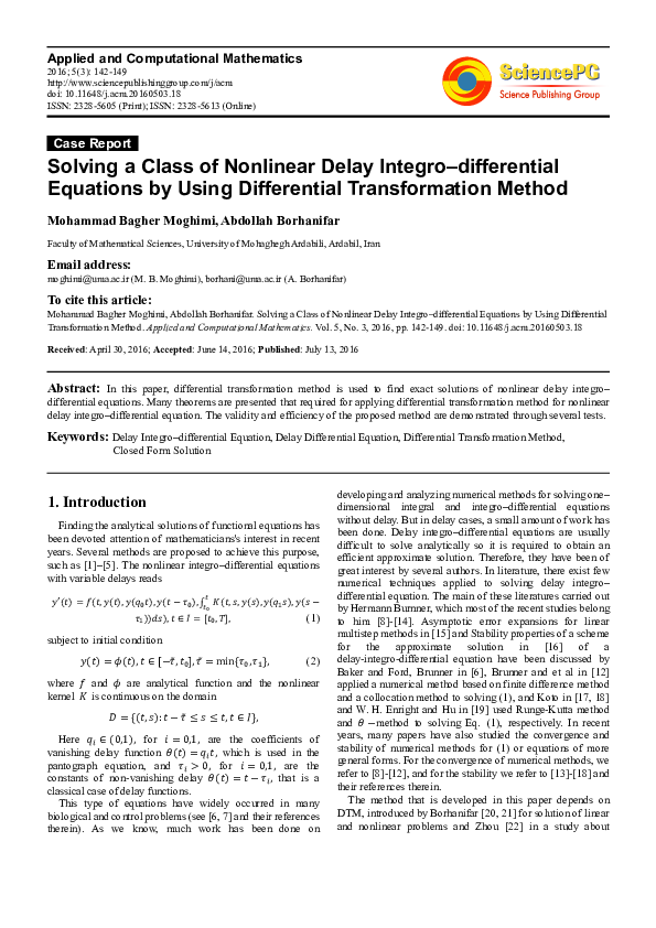 (PDF) Solving a Class of Nonlinear Delay Integro–differential Equations ...