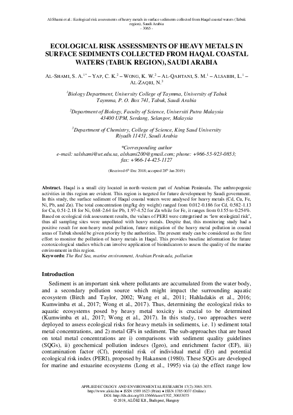(PDF) Ecological Risk Assessments of Heavy Metals in Surface Sediments ...