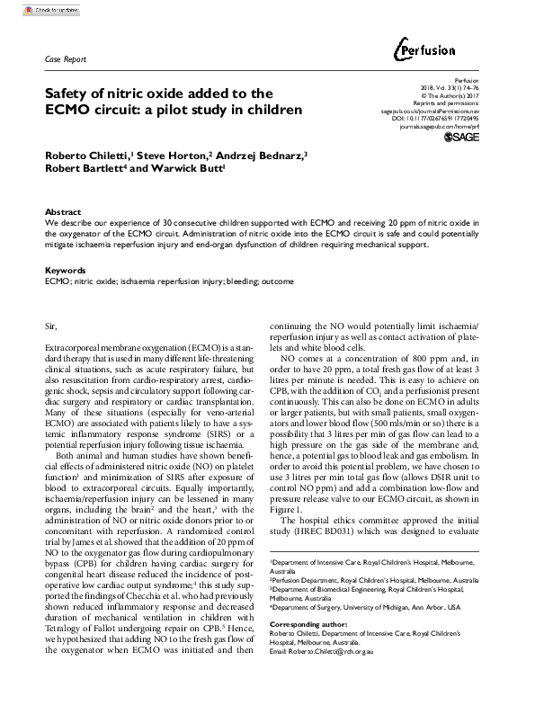 (PDF) Safety of nitric oxide added to the ECMO circuit a pilot study
