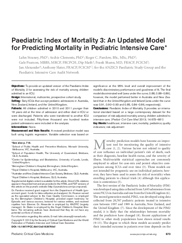 (PDF) Paediatric Index of Mortality 3