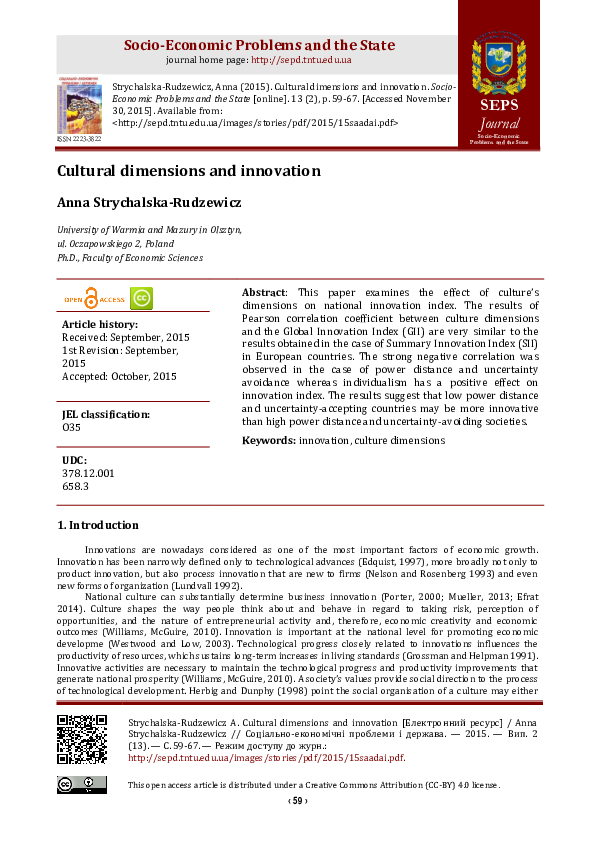 (PDF) Cultural dimensions and innovation