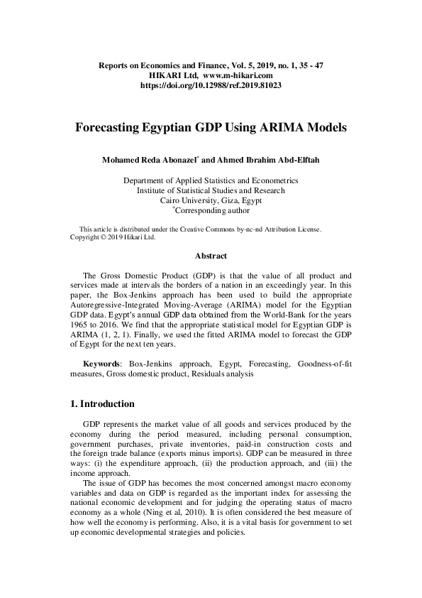 (PDF) Forecasting Egyptian GDP using ARIMA models