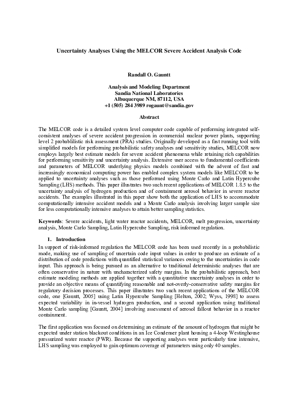 (PDF) Uncertainty Analyses Using the MELCOR Severe Accident Analysis Code