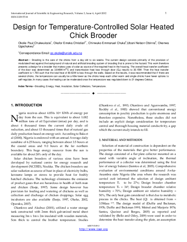 (PDF) Design for Temperature-Controlled Solar Heated Chick Brooder