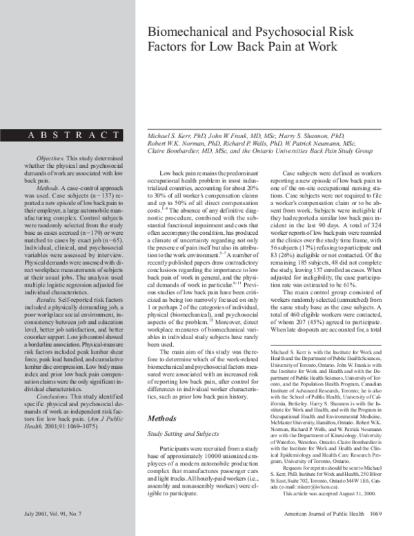 (PDF) Biomechanical and psychosocial risk factors for low back pain at work
