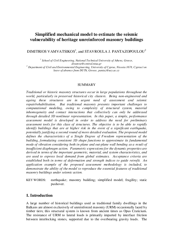 (PDF) Simplified Mechanical Model to Estimate the Seismic Vulnerability ...