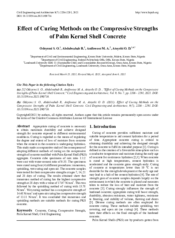 (PDF) Effect of Curing Methods on the Compressive Strengths of Palm ...