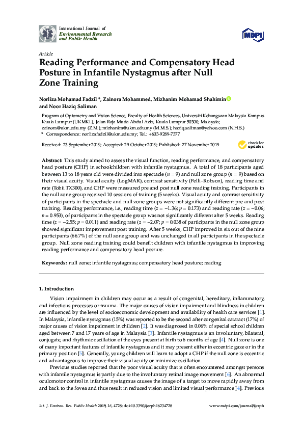 (PDF) Reading Performance and Compensatory Head Posture in Infantile ...